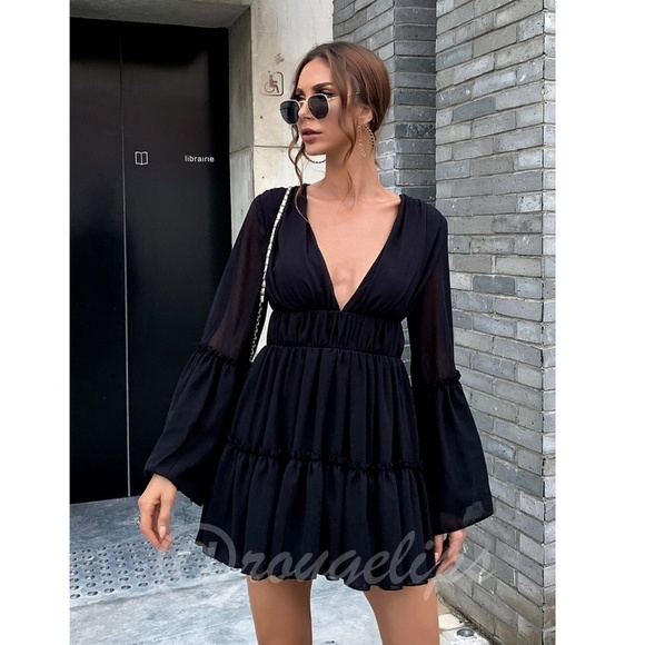 Black Boho Mini Dress Flounce Sleeves Deep V Neck - Picture 9 of 13